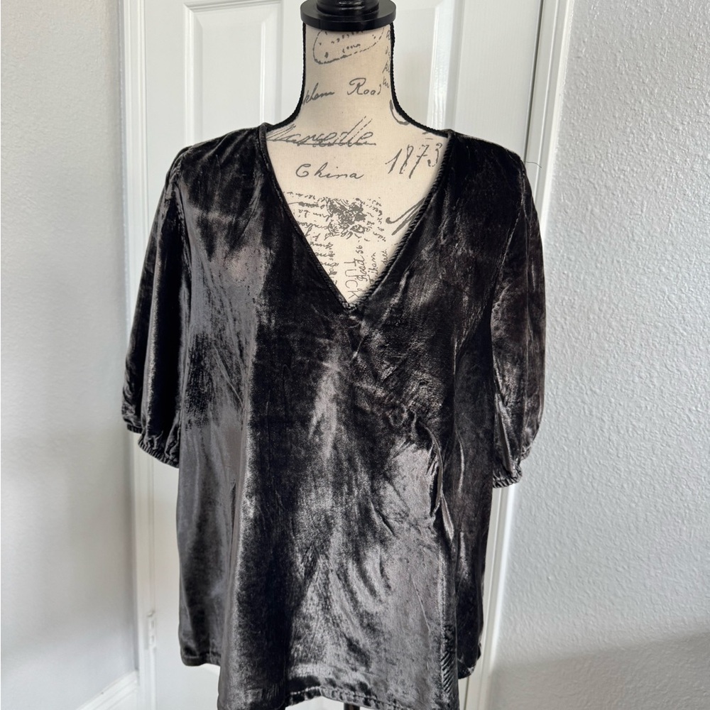 LOFT Black Velvet Wrap Top with V-Neck and Relaxed Sleeves